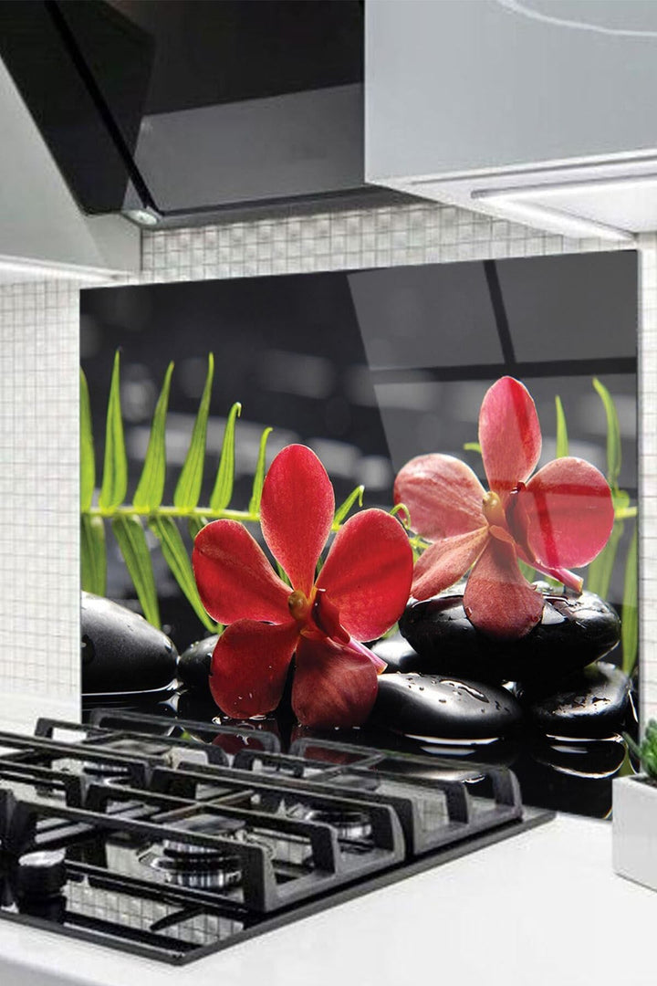 Cam Ocak Arkası Koruyucu Tezgah Ankastre Arkası Koruyucu Çiçek