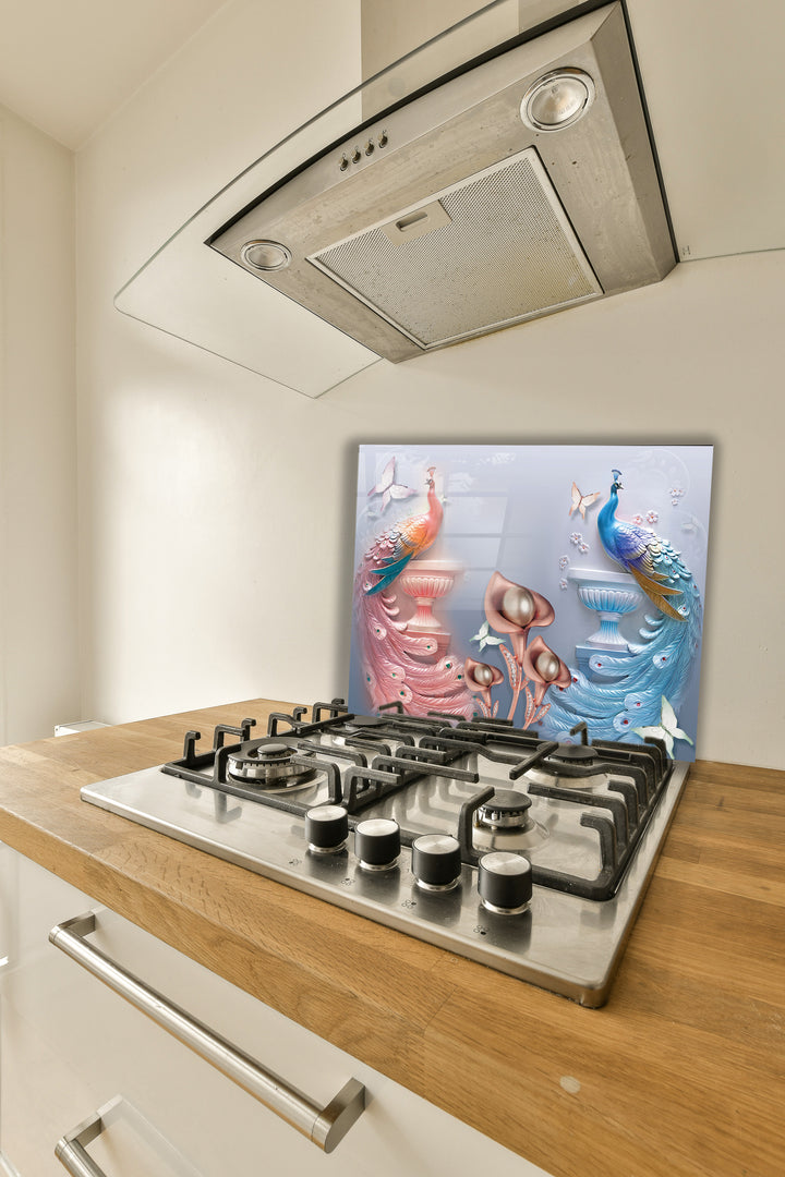 Cam Ocak Arkası Renkli Tavus Kuşları