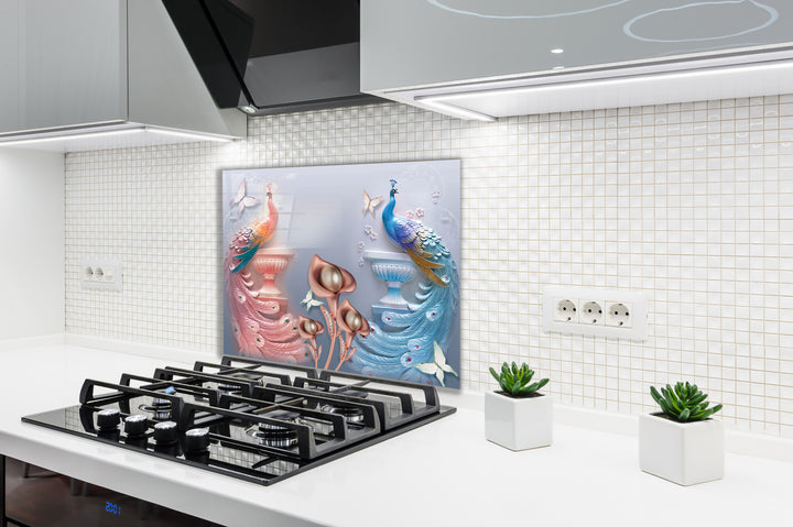 Cam Ocak Arkası Renkli Tavus Kuşları