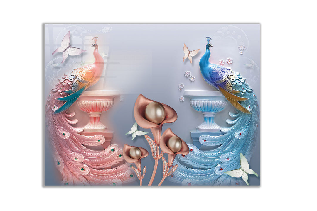 Cam Ocak Arkası Renkli Tavus Kuşları