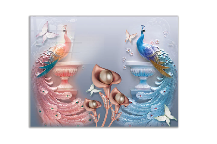 Cam Ocak Arkası Renkli Tavus Kuşları