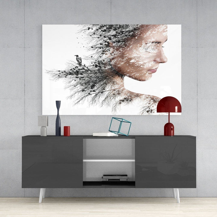 Bir Kadın Bir Kuş Cam Tablo