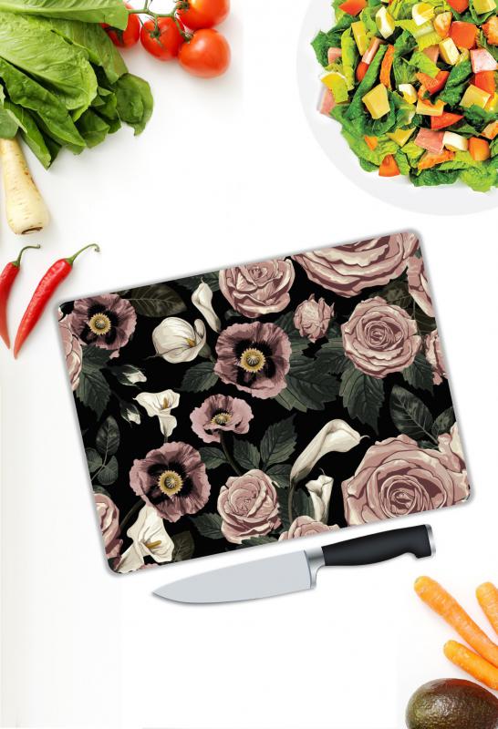 Gül Desenli Cam Kesme Tablası