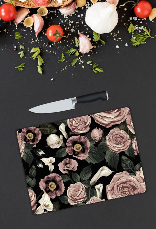 Gül Desenli Cam Kesme Tablası