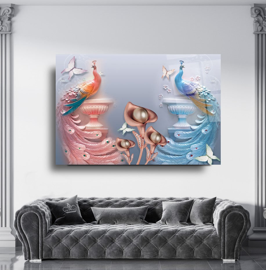 Tavus Kuşları Cam Tablo