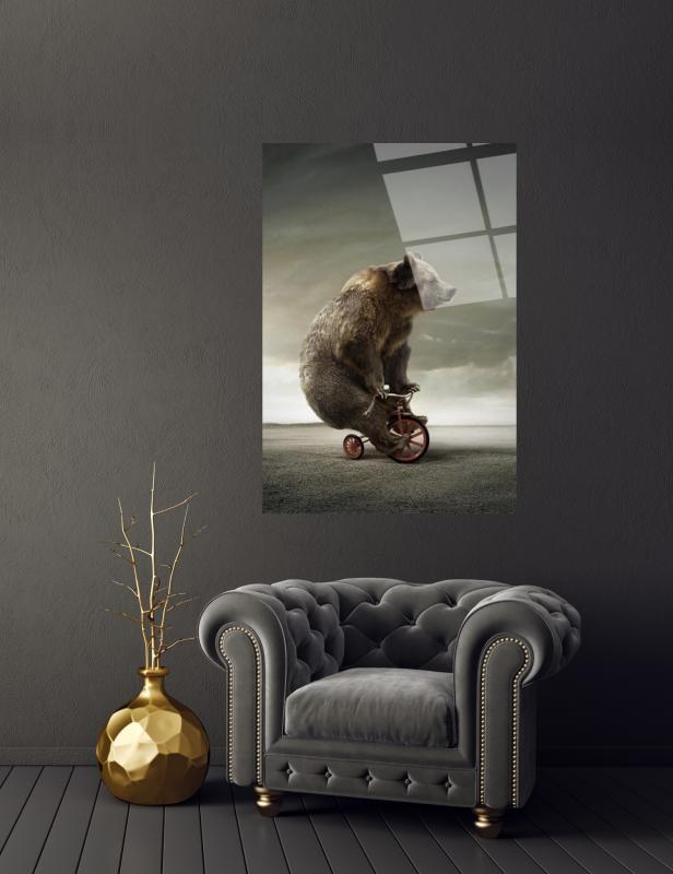 Ayı ve Bisiklet Cam Tablo