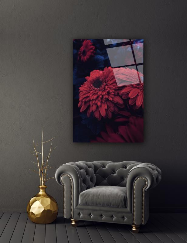 Kırmızı Çiçekler Cam Tablo