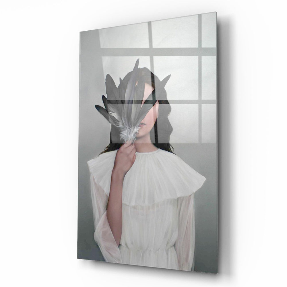 Kadın ve Kuş tüyü Cam Tablo