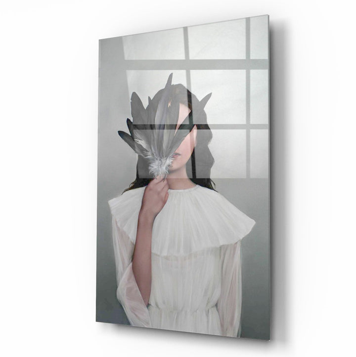 Kadın ve Kuş tüyü Cam Tablo