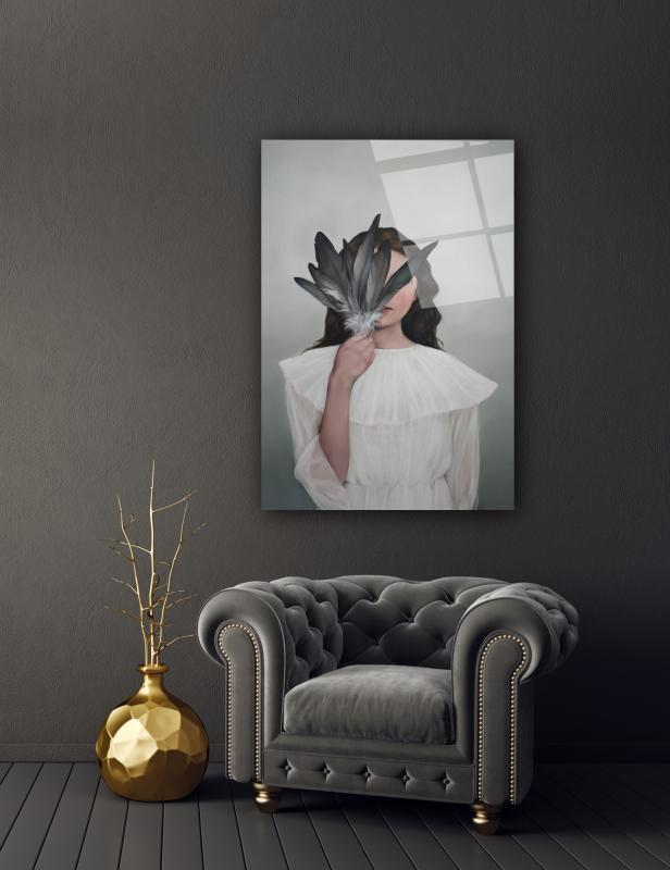 Kadın ve Kuş tüyü Cam Tablo