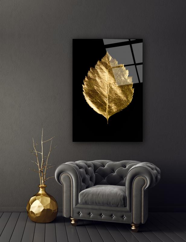 Gold Yapraklar Cam Tablo