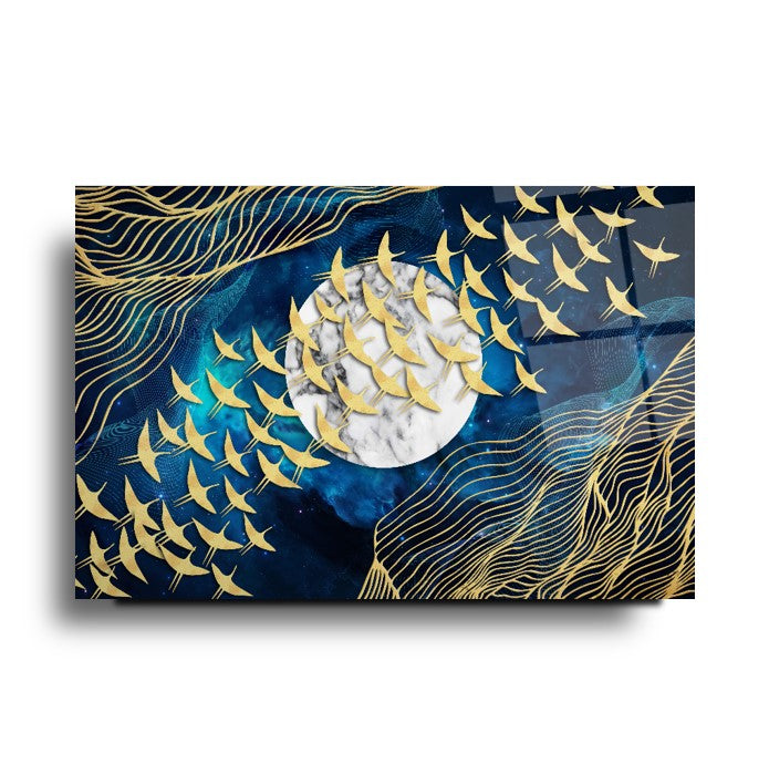 Ay Ve Kuşlar Cam Tablo