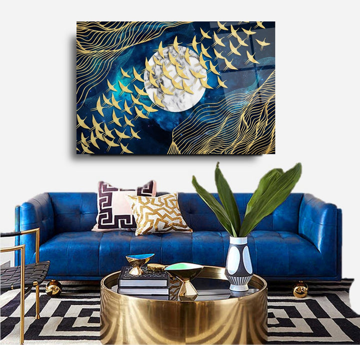 Ay Ve Kuşlar Cam Tablo