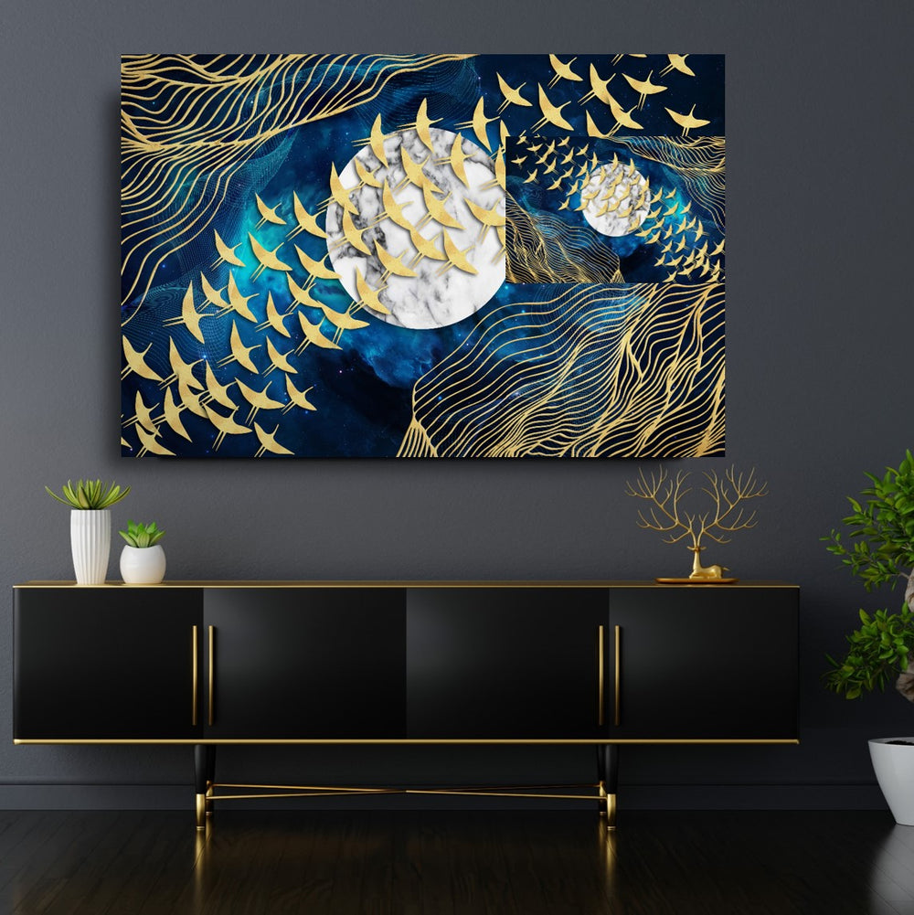 Ay Ve Kuşlar Cam Tablo