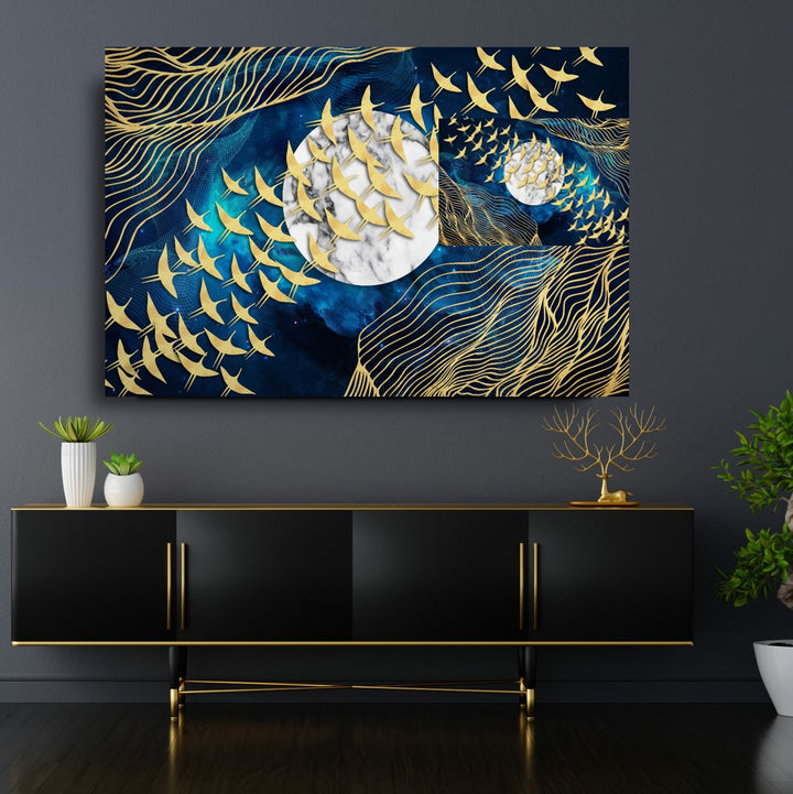 Ay Ve Kuşlar Cam Tablo