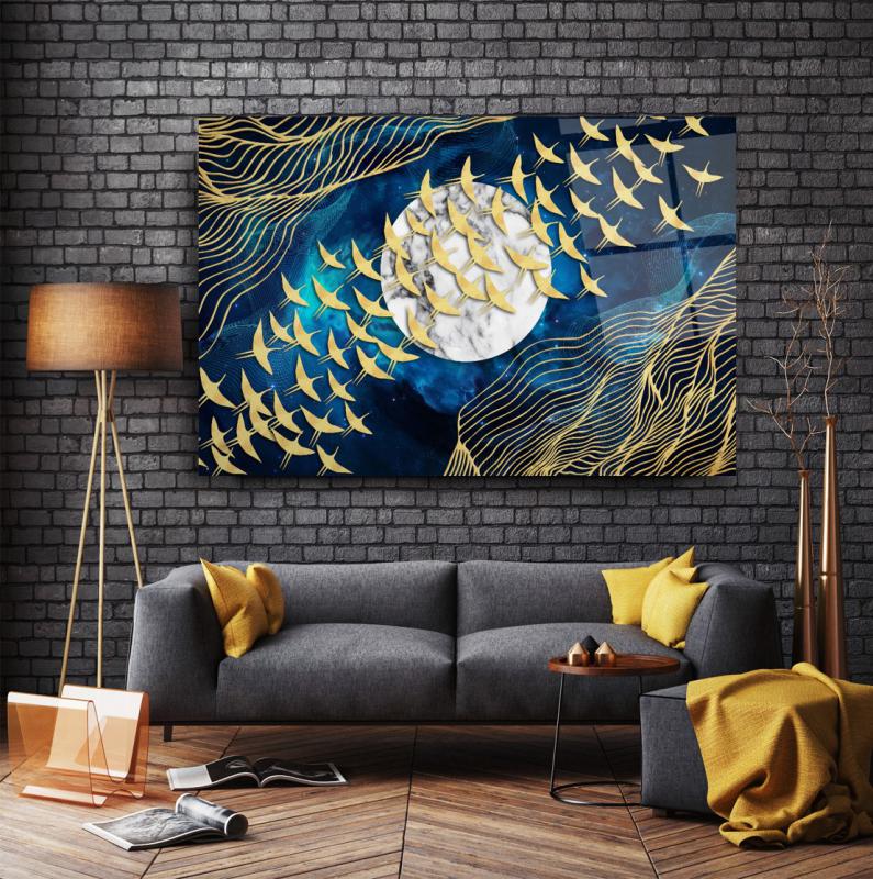 Ay Ve Kuşlar Cam Tablo