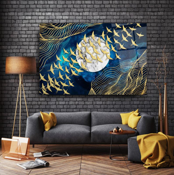 Ay Ve Kuşlar Cam Tablo