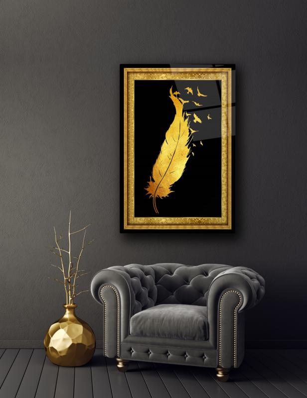 Gold Tüy ve Kuşlar Cam Tablo