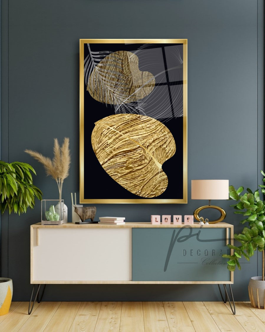 Gold Yapraklar Cam Tablo