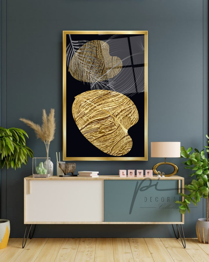 Gold Yapraklar Cam Tablo