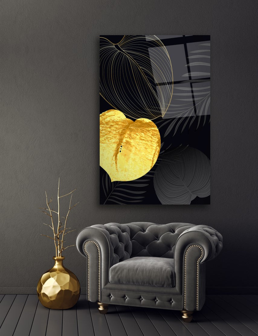 Gold Yapraklar Cam Tablo