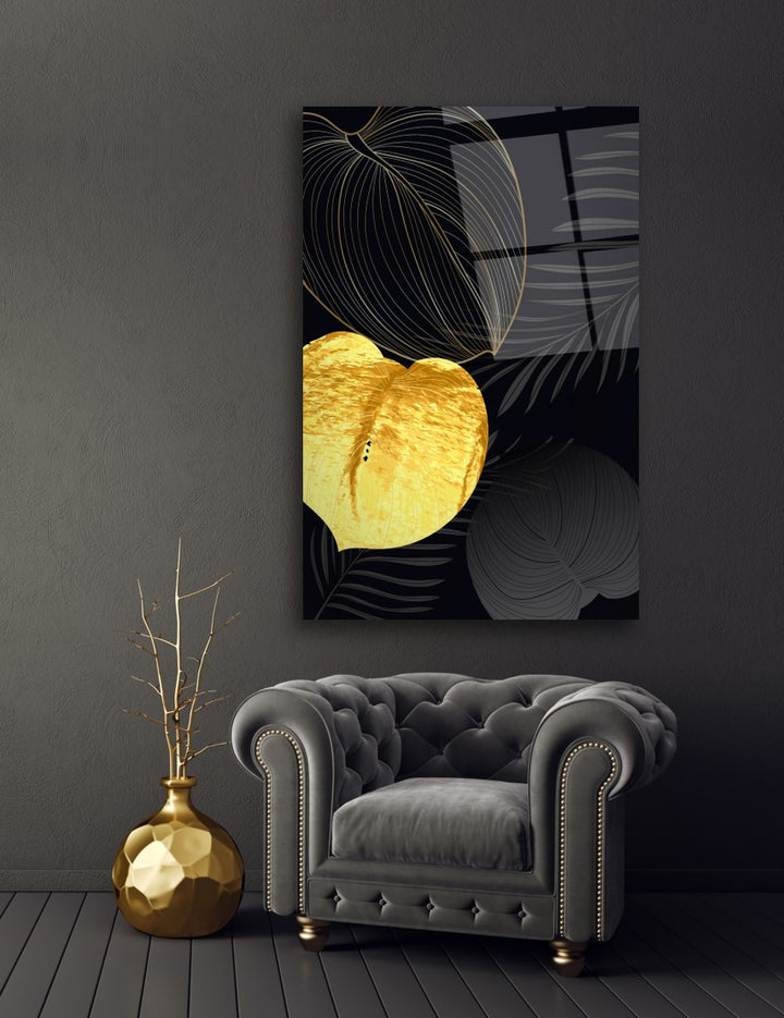 Gold Yapraklar Cam Tablo