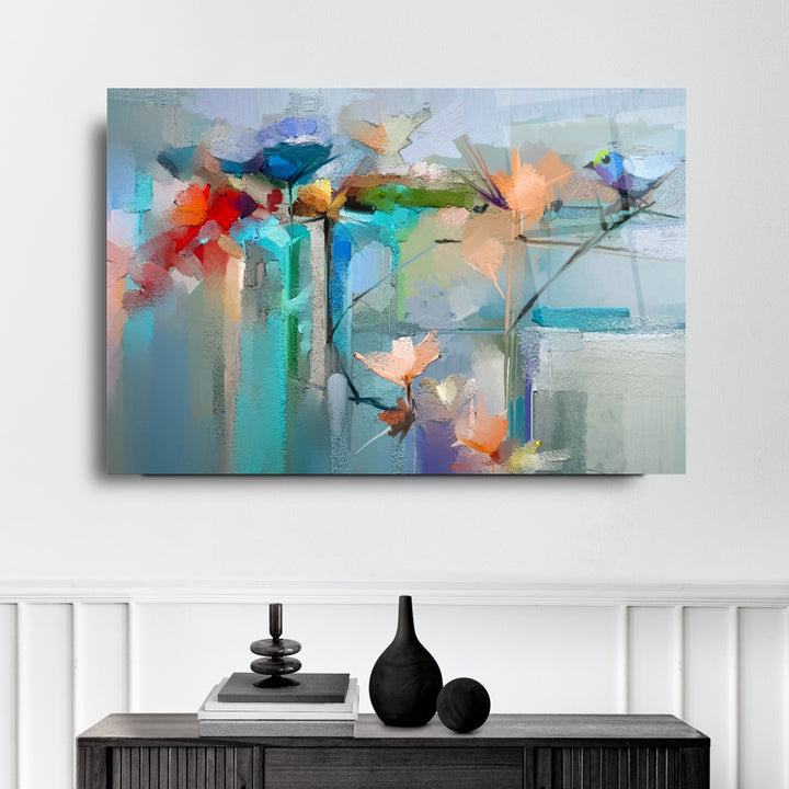 Soyut Çiçekler Cam Tablo