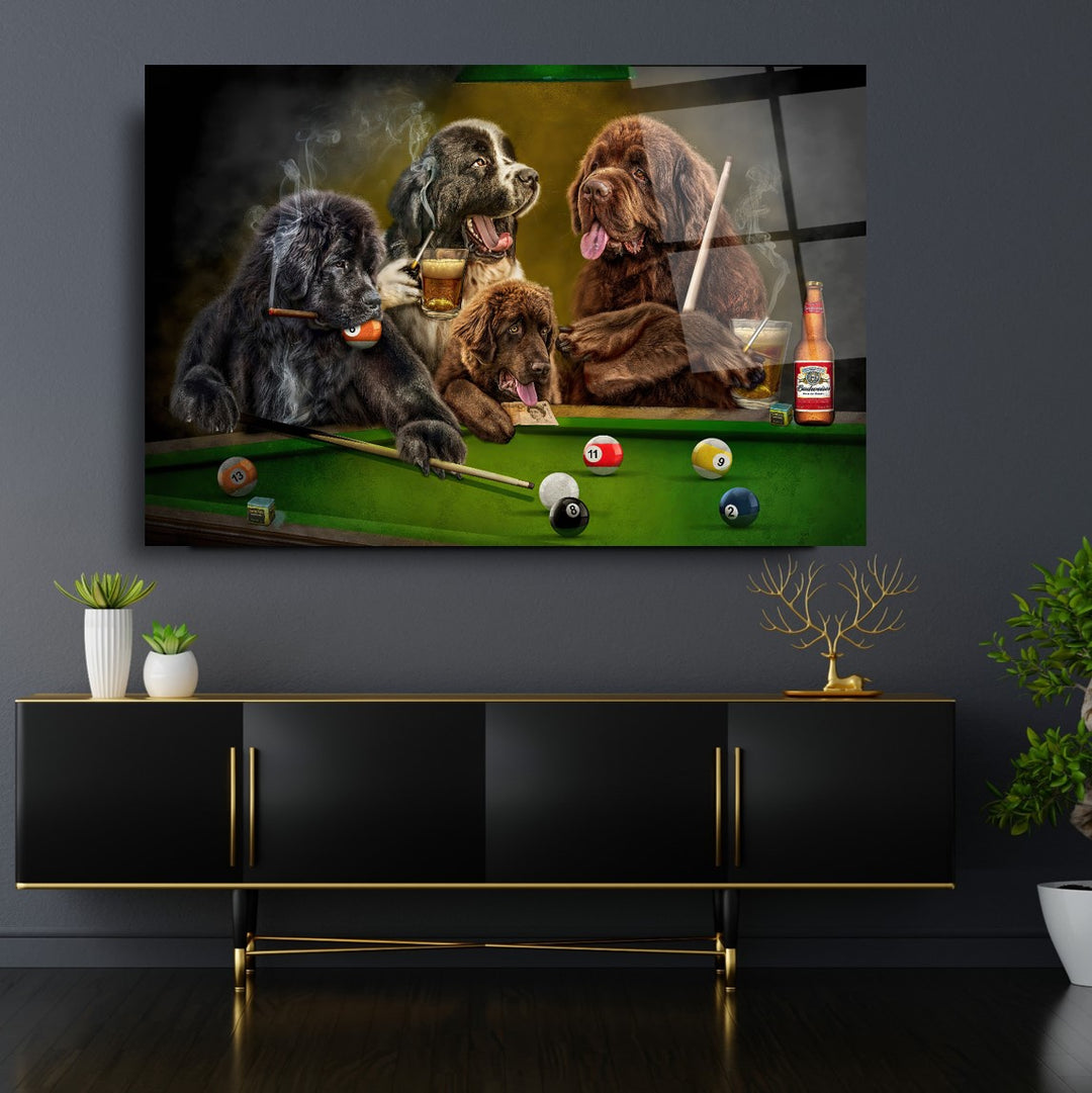 Bilardo ve Köpekler Cam Tablo