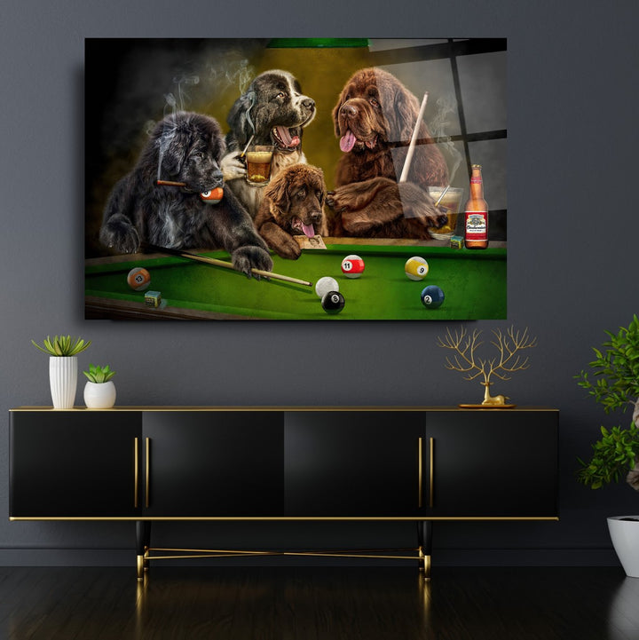 Bilardo ve Köpekler Cam Tablo