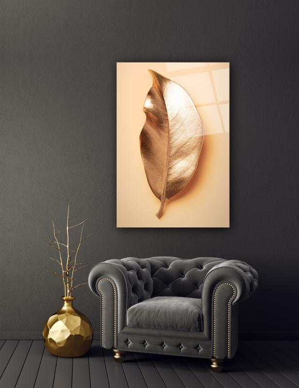 Gold Yapraklar Cam Tablo