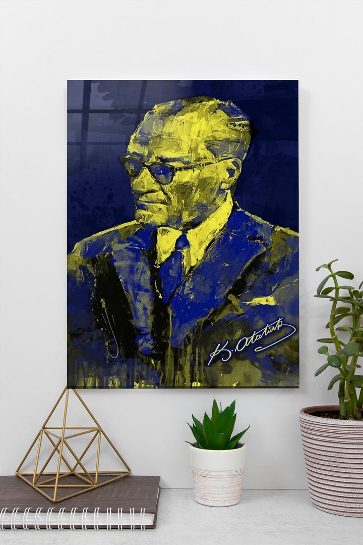 Sarı Lacivert Atatürk Cam Tablo