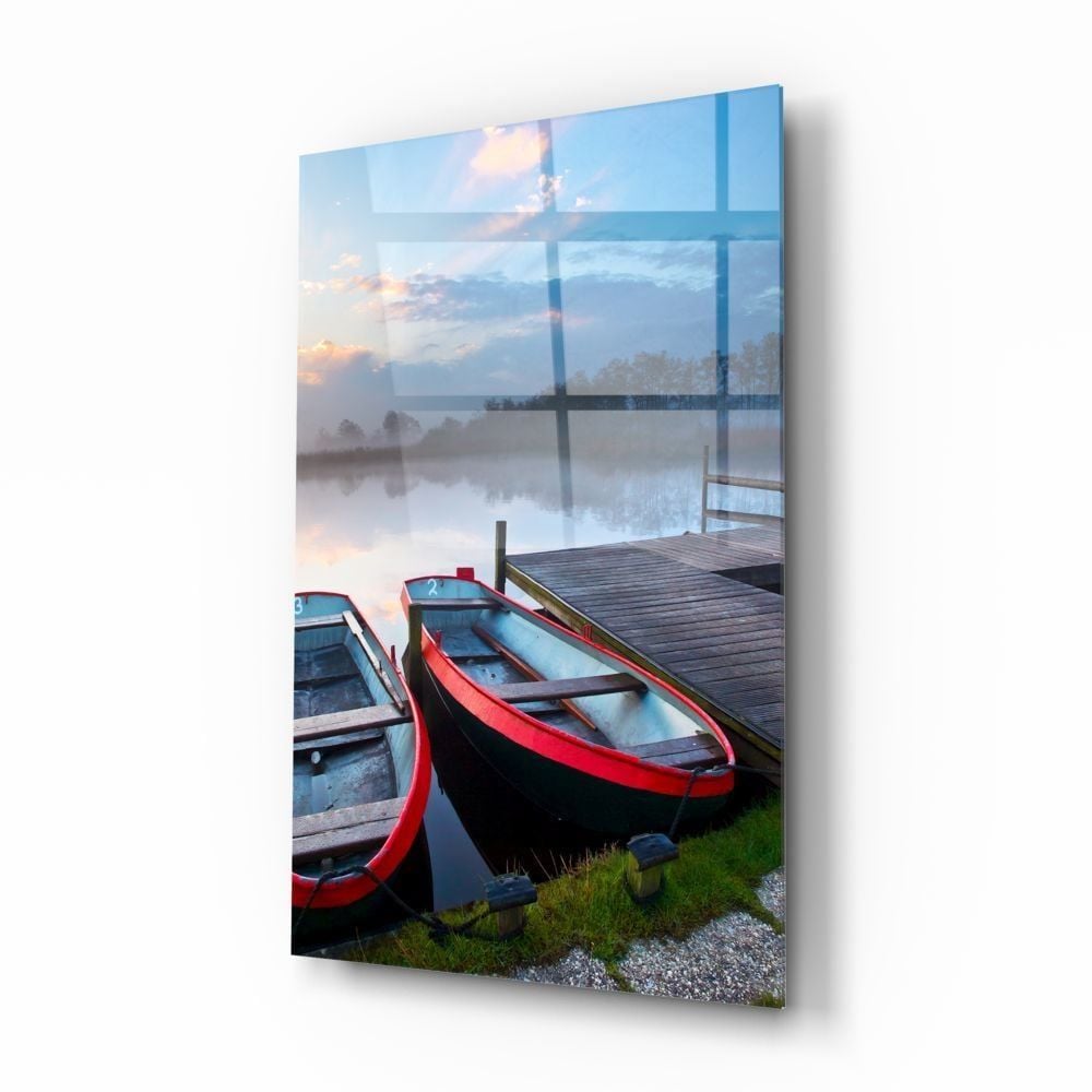 Göl ve Kayıklar Manzara Cam Tablo