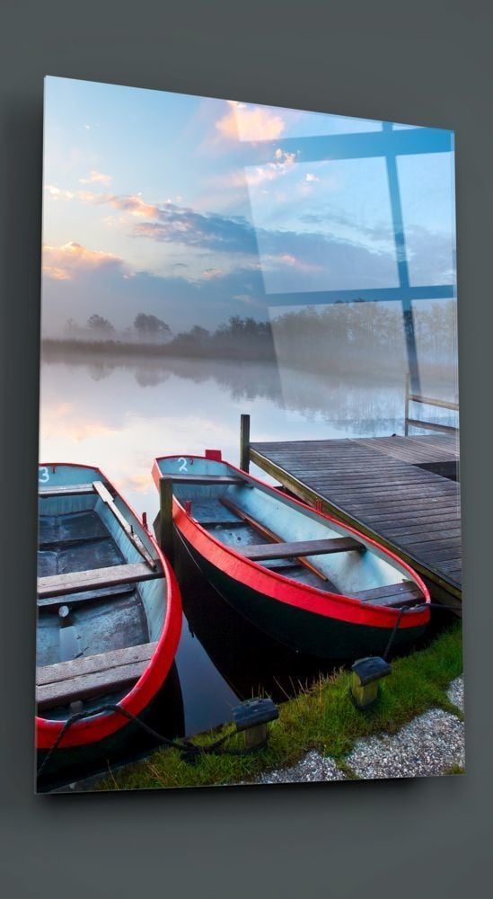 Göl ve Kayıklar Manzara Cam Tablo
