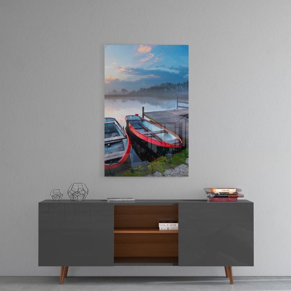 Göl ve Kayıklar Manzara Cam Tablo