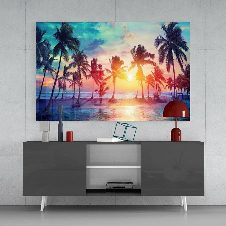 Günbatımı ve Palmiyeler Cam Tablo