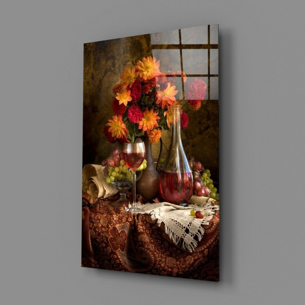Kadeh ve Çiçekler Cam Tablo