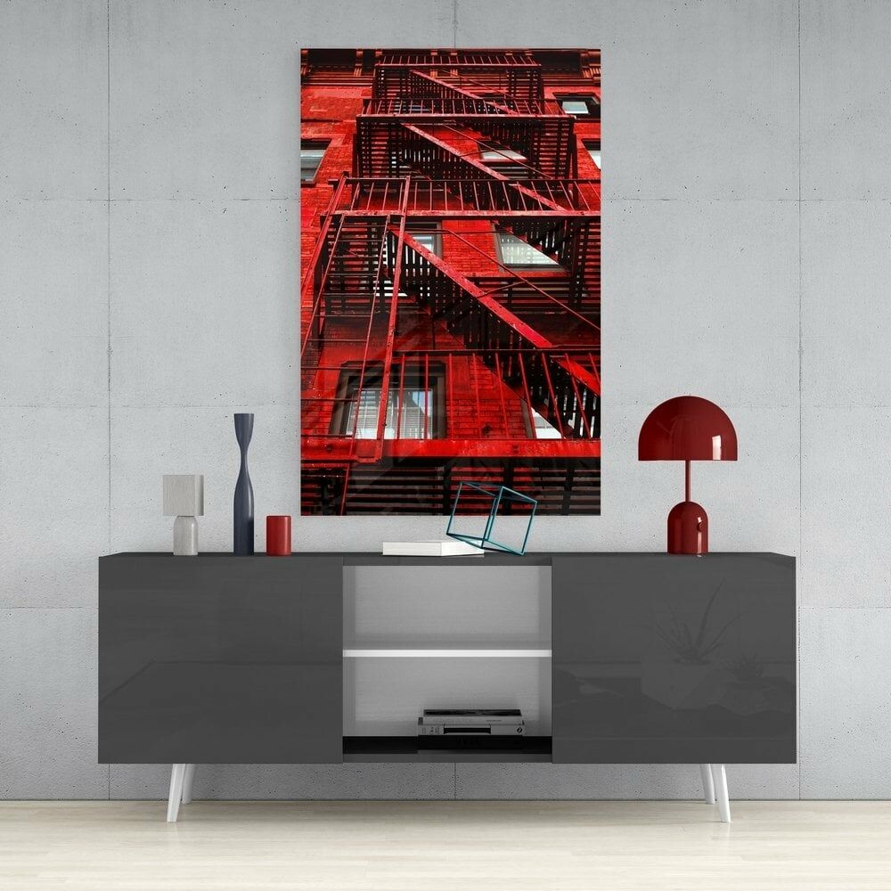 Kırmızı Merdivenler Cam Tablo