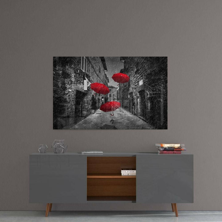 Kırmızı Şemsiyeler Cam Tablo