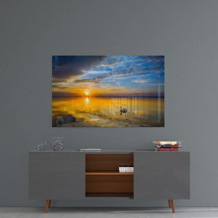 Kuğu ve Günbatımı Cam Tablo No:1055