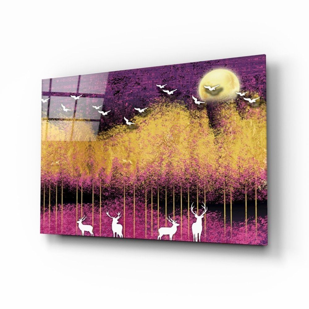 Kuşlar ve Geyikler Cam Tablo