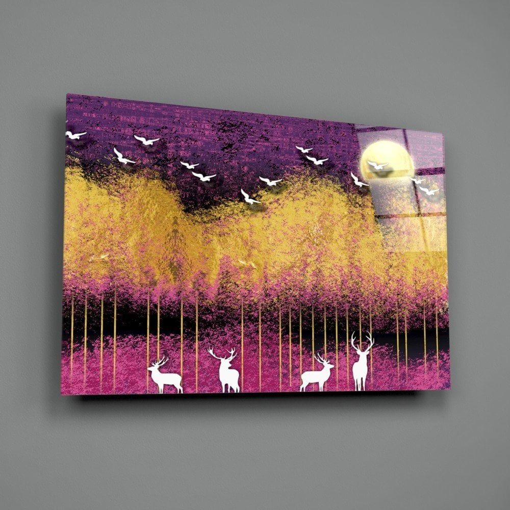 Kuşlar ve Geyikler Cam Tablo