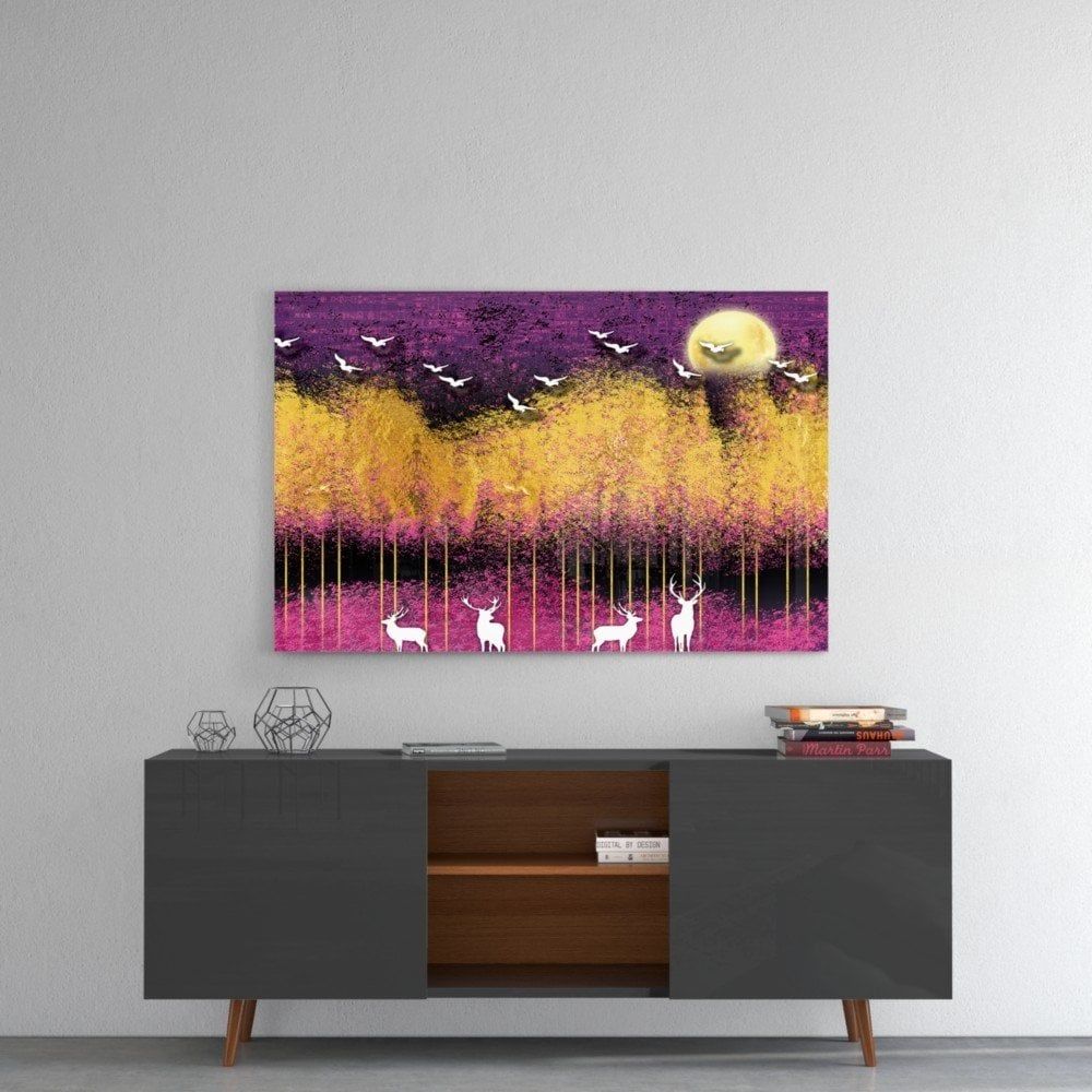 Kuşlar ve Geyikler Cam Tablo