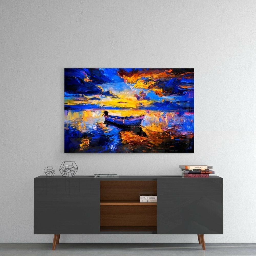 Lacivert Günbatımı Cam Tablo