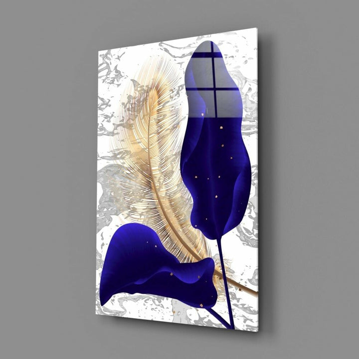 Lacivert Yapraklar Cam Tablo