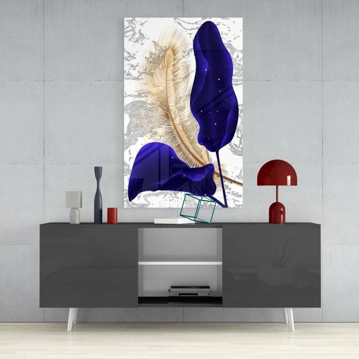 Lacivert Yapraklar Cam Tablo