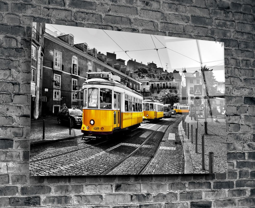 Lizbon Sarı Tramvay Cam Tablo