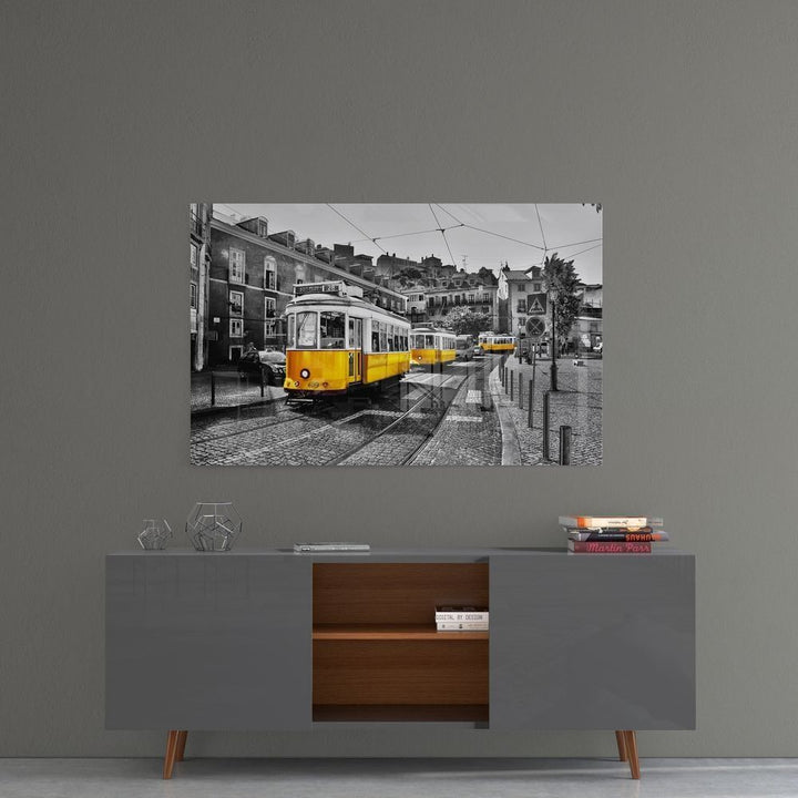 Lizbon Sarı Tramvay Cam Tablo
