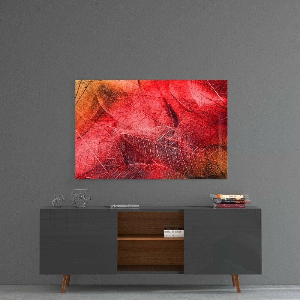 Makro Kırmızı Yaprak Cam Tablo