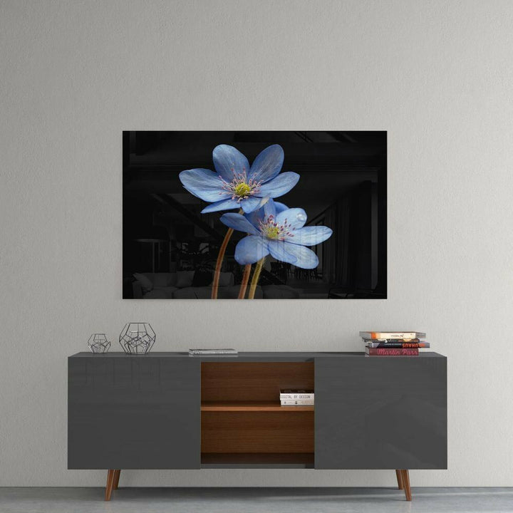 Mavi Çiçekler Cam Tablo