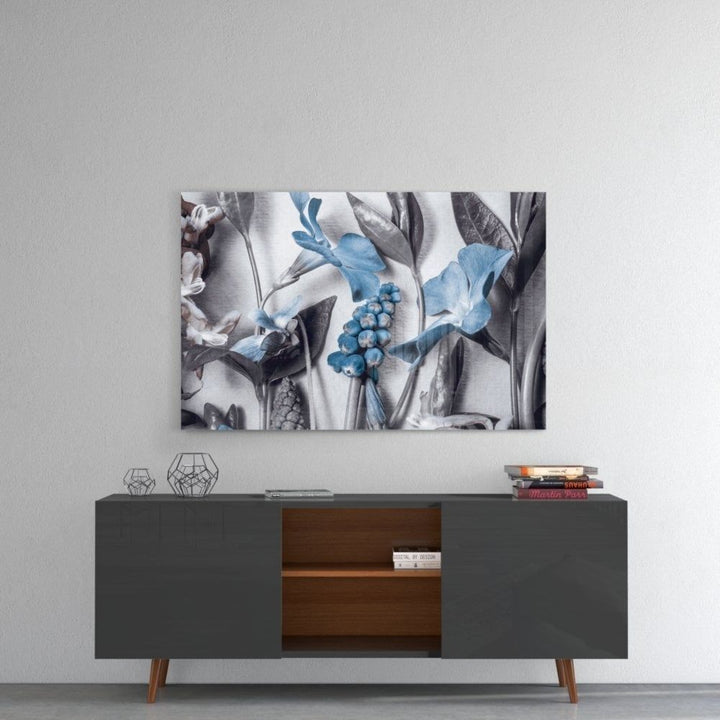 Mavi Çiçekler Cam Tablo